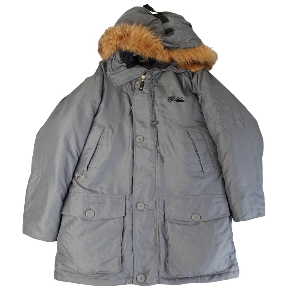 First Down Parka Mens M Gray Down Fill Lamb Fur Trim‎ Jacket Winter Puffer Coat
